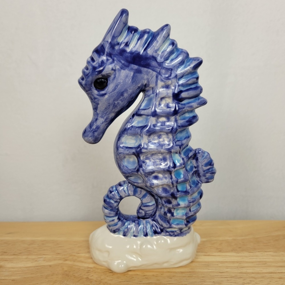 Hand Signed Studio Pottery Seahorse Figurine Blue Drip Glaze Coastal Art Decor